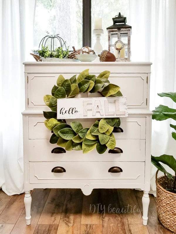 cottage dresser with fall decor