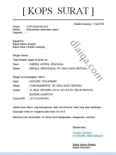 contoh surat rekomendasi pembuatan paspor