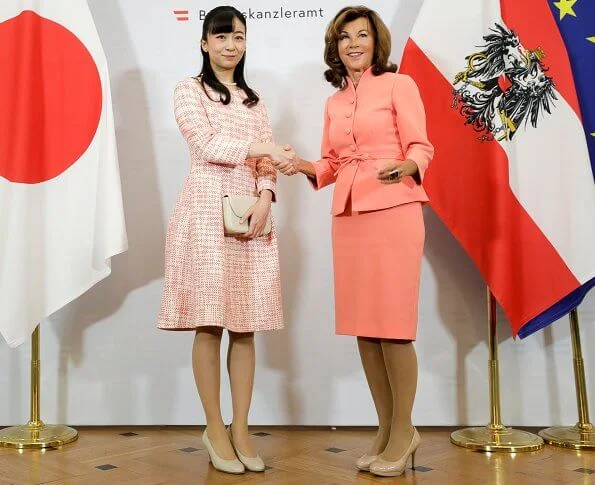 Princess Kako met with Chancellor of Austria Brigitte Bierlein at the Austrian Chancellery in Vienna. she wore a pink dress