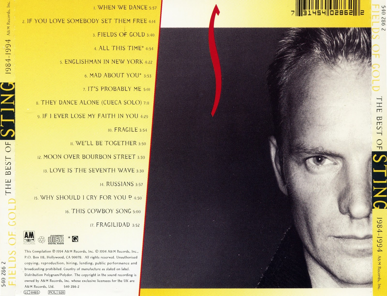 1994 Fields Of Gold. The Best Of Sting 1984–1994 - Sting - Rockronología