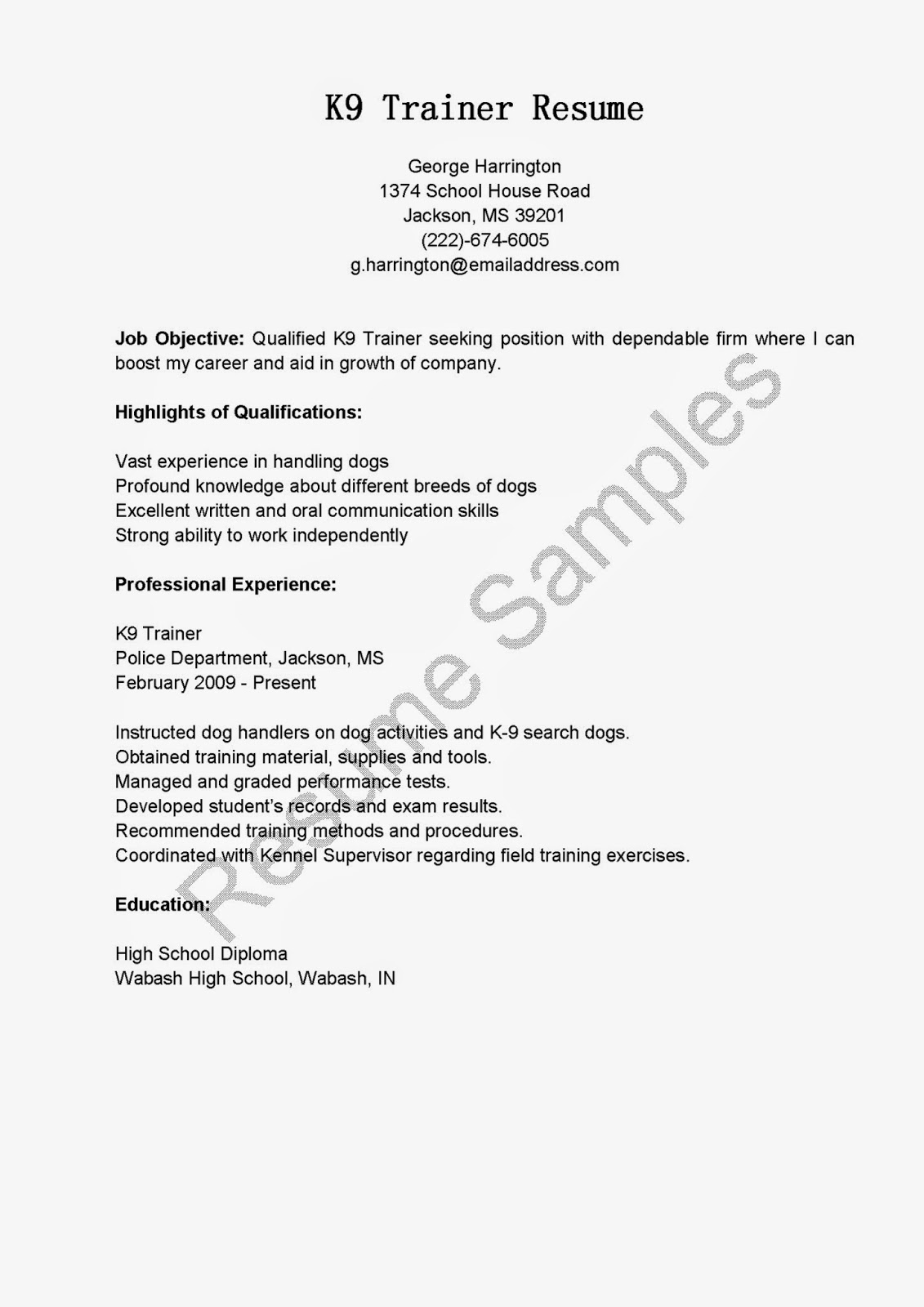 Resume Samples K9 Trainer Resume Sample