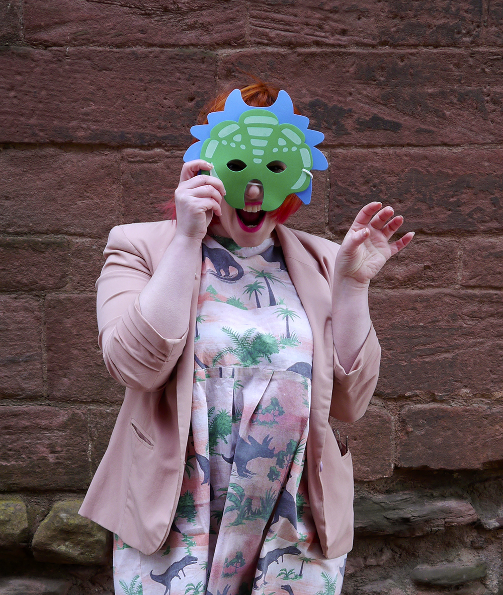 Dionsaur Party Style Styled by Helen, Scottish Blogger, red hair, red bob, Fashion Blogger, Dinosaur dress, dinosaur party, dinosaur style, pink outfit, Vintage Style Me, Vintage Style Me dinosaur dress, pink blazer, ASOS pink pom pom shoes, Karen Mabon x Lucky Dip CLub, Cat and cocktail brooch, Iolla glasses, subtle dip dye hair, pink and red hair, #seewithiolla