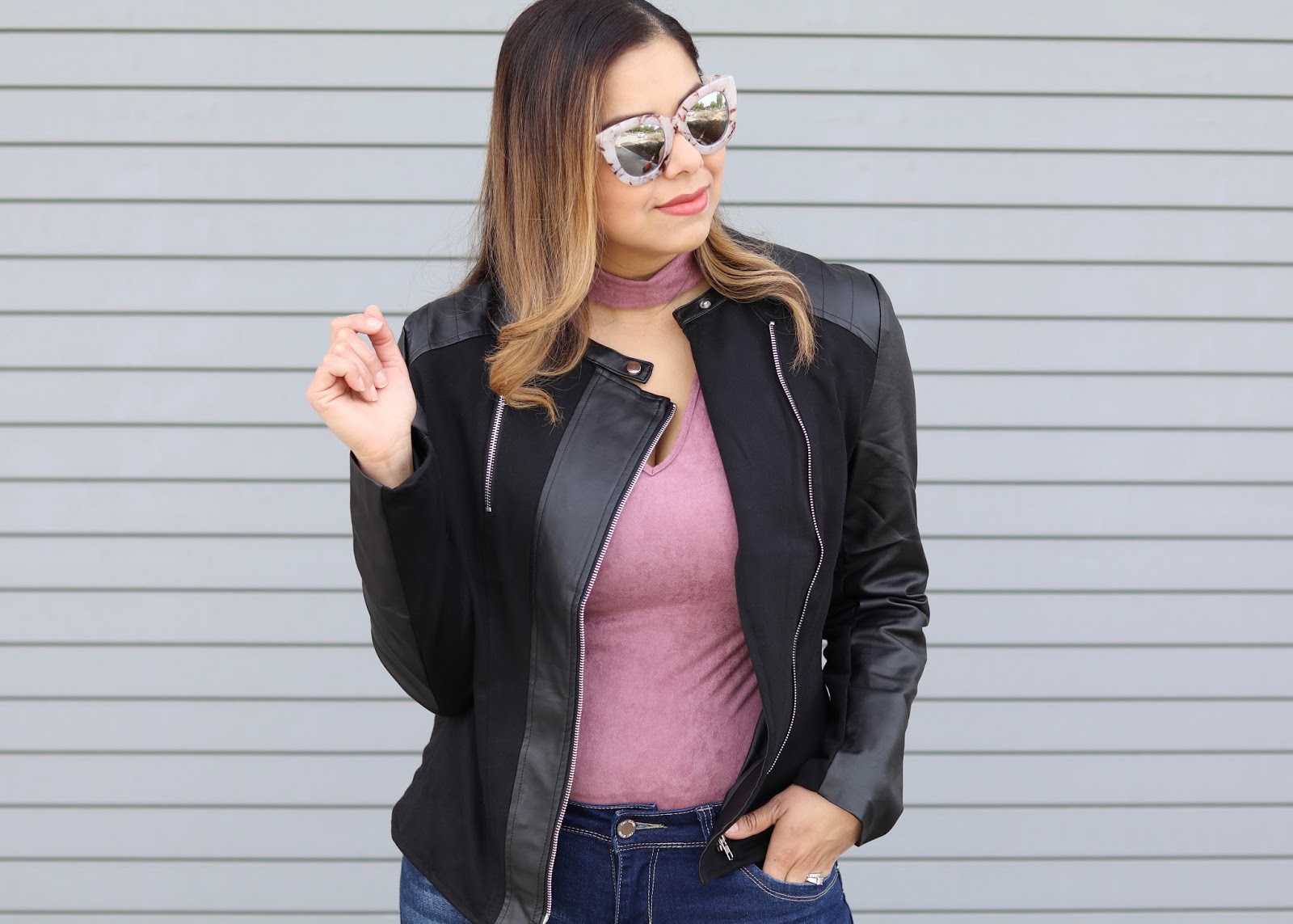 Edgy Casual Outfit Moto Jacket Outfit, Agaci collaboration, agaci moto jacket, mauve bodysuit