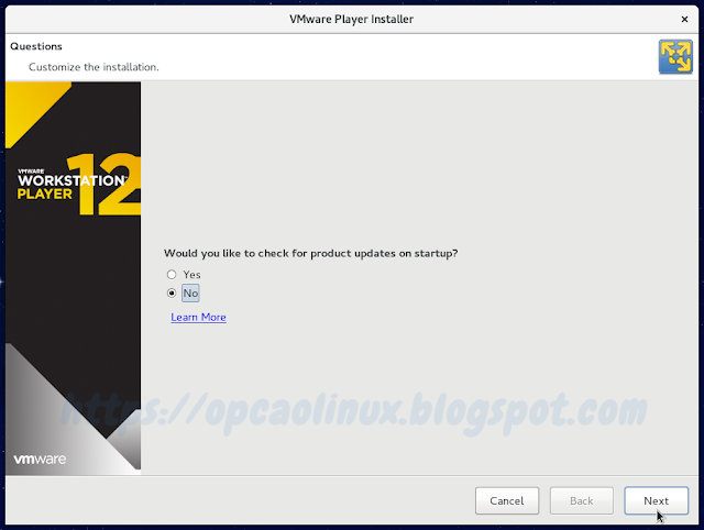 Opção de verificar ou não atualizações para o VMware Player na inicialização