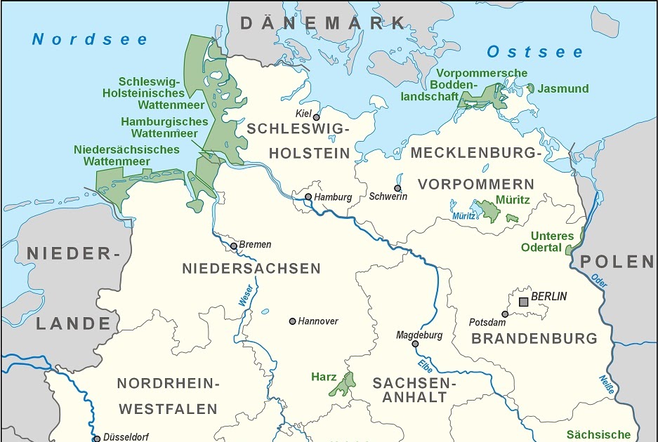 Gewässer in Deutschland Karte - Hydrographie: Flüsse, Seen ...