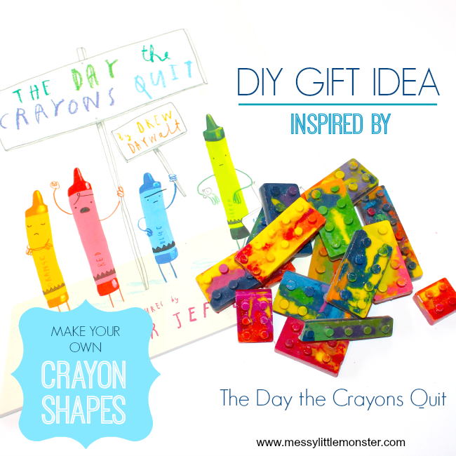 How to make your own lego shaped rainbow crayons. Follow our easy DIY homemade crayon instructions to turn broken recycled crayons into new shapes. An easy kid made gift idea and fun book activity to go alongside 'The Day the Crayons Quit'. A great activity for preschoolers and older kids. Also good for simple science activities based on melting, solids and liquids. 