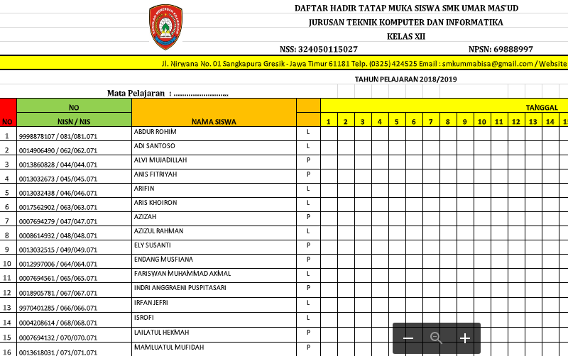 Daftar Hadir Tatap Muka Siswa Ms.Excel Administrasi Guru