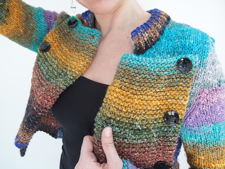 Mega Military Jacket knit by Dayana Knits, free pattern from Cheval Blanc in Noro Obi yarn