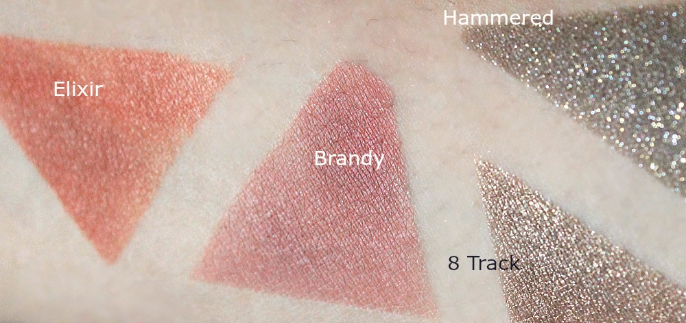 colourpop eyeshadow elixir, brandy, hammered, 8 track, review and swatch