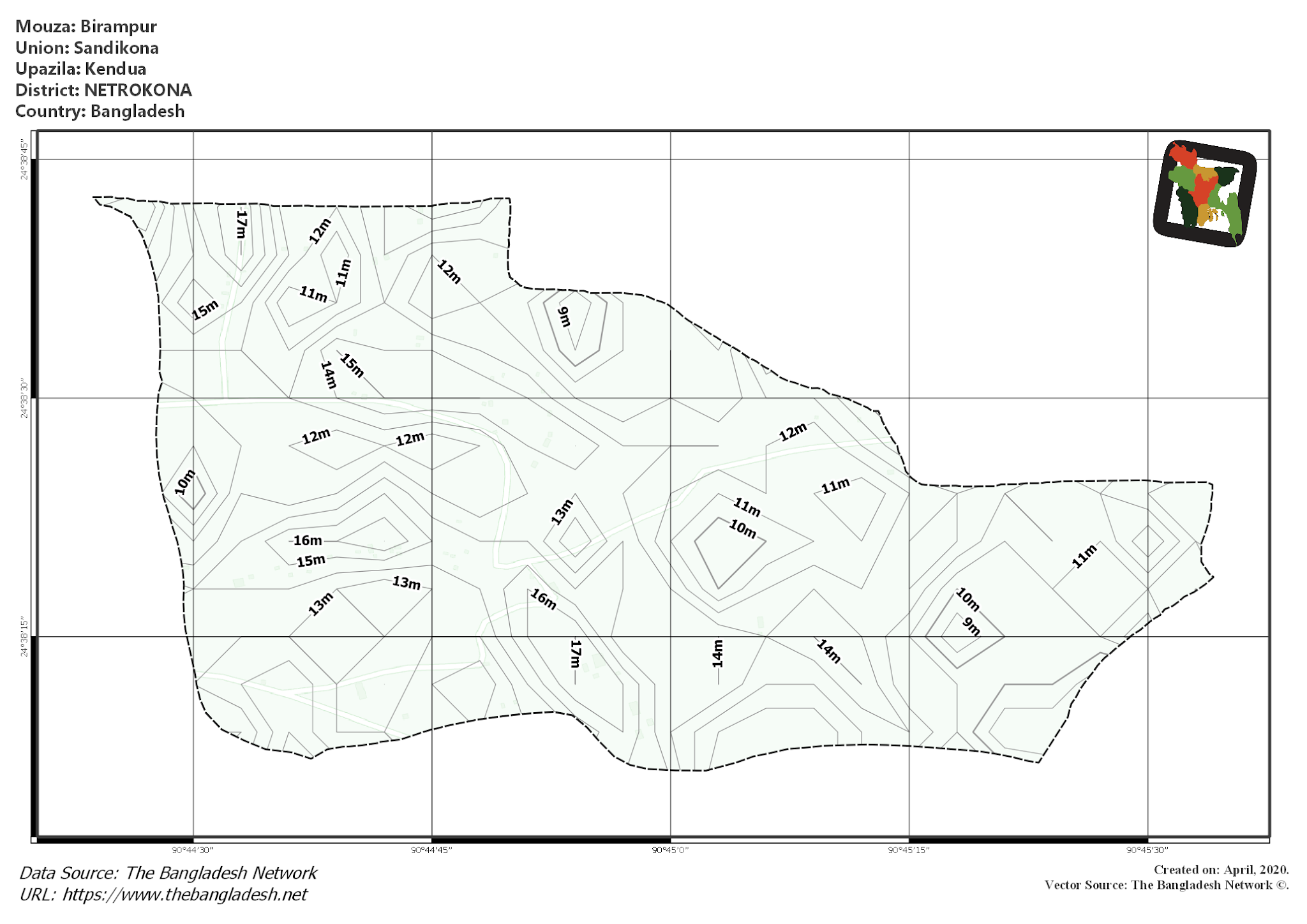 Map of Birampur Mouza of Kendua Upazila, NETROKONA, Bangladesh.