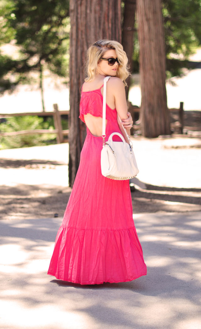 Free People coral maxi dress with open back, Superga sneakers, Alexander Wang Bag