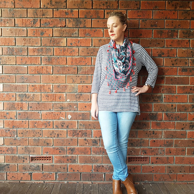 Striped shirt, scarf, jeans and ankle boots | Almost Posh