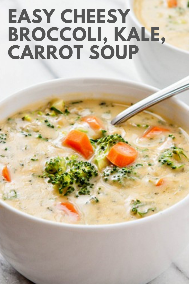 This recipe for Easy Cheesy Broccoli, Kale, Carrot Soup is incredibly