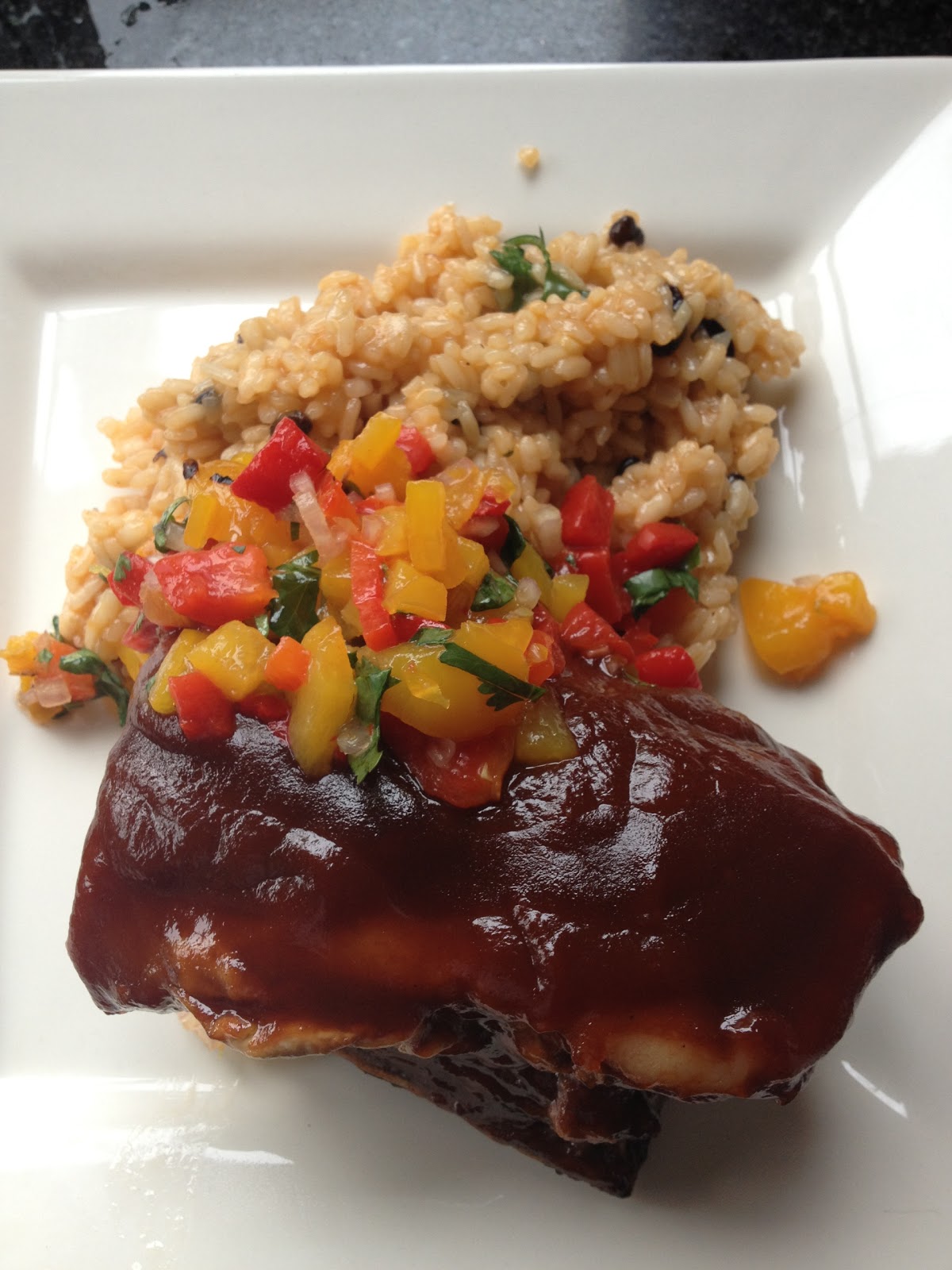 eating at home and at work bbq pork ribs with black bean rice and