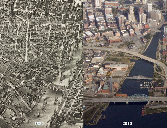 Detail zoom of both previous images side by side showing the differences in the waterway over 100+ years. Industrial development and bridges are more evident in the more recent image.