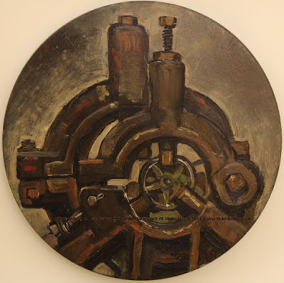 Plein air oil painting of machinery in abandoned William and Wallbank and Sons Foundry by industrial heritage artist Jane Bennett