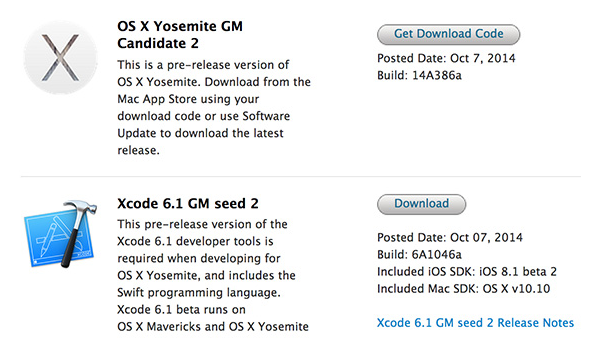 Mac Xcode 6.1 GM 2 (6A1042b), OS X 10.10 Yosemite GM Candidate 2.0 (14A386a), OS X 10.10 Yosemite Public Beta 5 (14A386b)