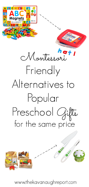 Here are some Montessori friendly alternatives to popular preschool gifts that cost the same or similar amount! 