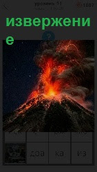  происходит ночное извержение вулкана с выбросом огня и пыли