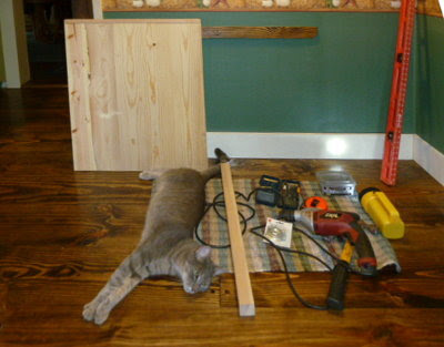 built-in kitchen nook table, materials, tools, & cat assembled