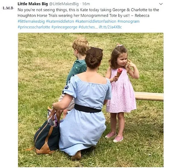 Kate Middleton wore ZARA flocked print dress, Kate Middleton carried Little Makes Big Monogrammed Tote. Princess Charlotte and Prince George