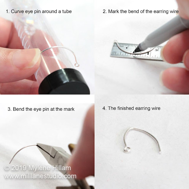 Step by step photos of how to turn an eye pin into an elfin or elven shaped earring wire.