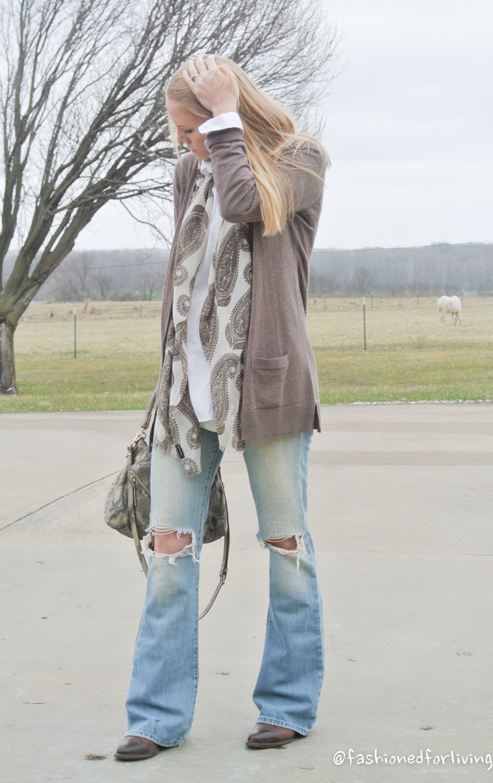 Fashioned For Living: neutral outfit: distressed flare jeans. white ...