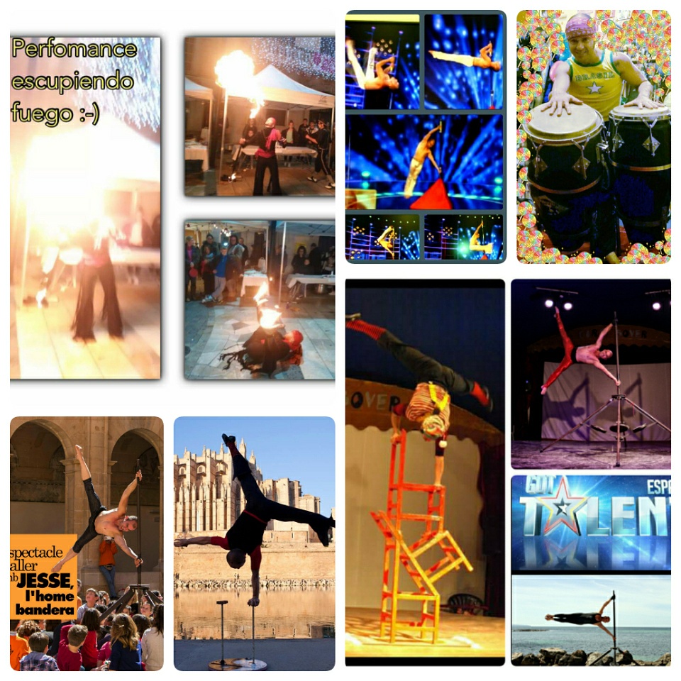 Fire perfomance,balance,comico,human flag,percussiones.