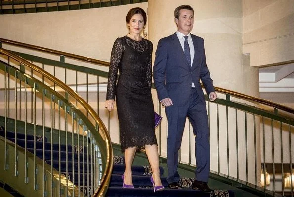 Crown Princess Mary wore Dolce Gabbana lace dress, Amrita Singh Shabana pearl parring, and carried Carlend Copenhagen clutch