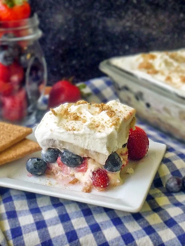 Patriotic No Bake Cake | by Life Tastes Good is perfect for all your summer gatherings! #FWCon #Dessert #SafeEggs