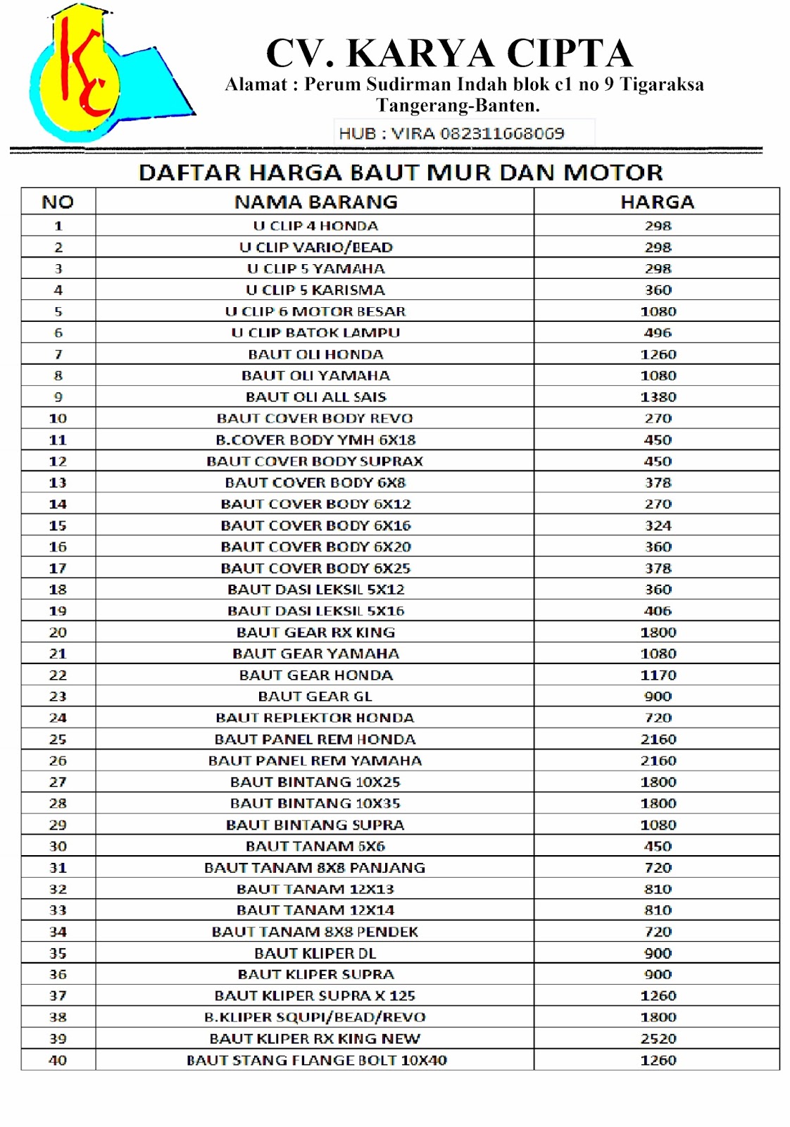 KARYA CIPTA DISTRIBUTOR SPARE PART BAUT MUR MOTOR PELUANG USAHA
