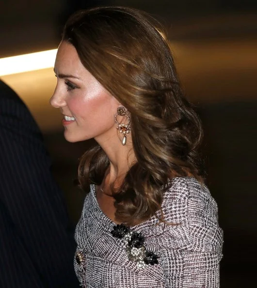 Kate Middleton wore ERDEM Iman off-the-shoulder embellished bouclé-tweed midi dress and Jimmy Choo Anouk Bordeaux velvet pumps