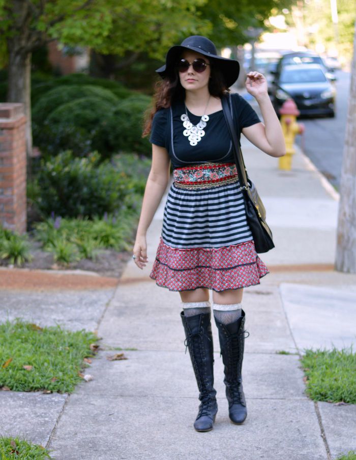 Easy, 70s inspired fall outfit - printed dress with over the knee boots.