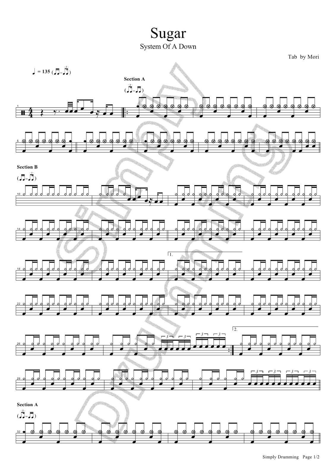 鼓手森 Simply Drumming System Of A Down Sugar drum sheet