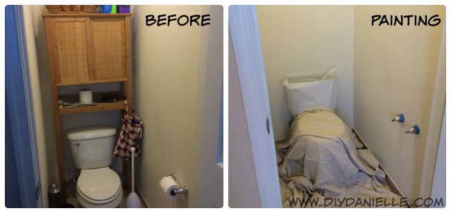 Before pictures of our cramped bathroom and our painting setup. Before pictures of our tiny toilet room.