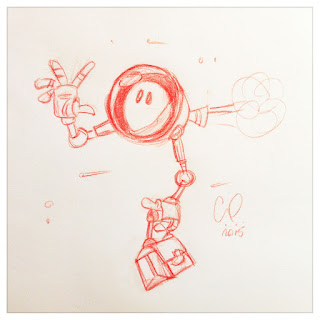Red pencil sketch of cute little robot flying to work - Illustration by Cesare Asaro - Curio & Co. (Curio and Co. OG - www.curioandco.com)