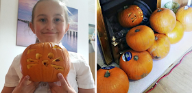 My youngest with the pumpkin she carved at school & more pumpkins for us to carve