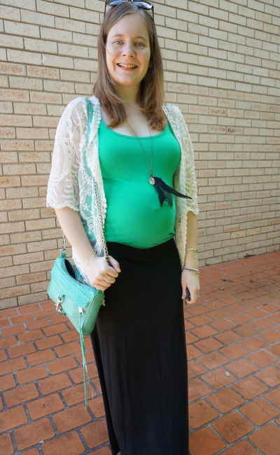Away from Blue | Spring second trimester pregnancy outfit lace kimono bright tank black maxi skirt