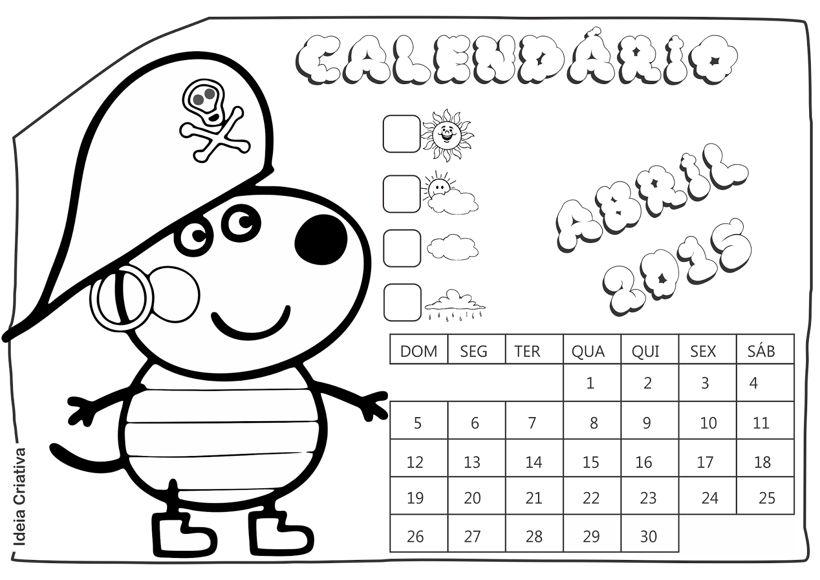Calendário Abril 2015 Peppa Pig e Seus Amigos para Imprimir Grátis