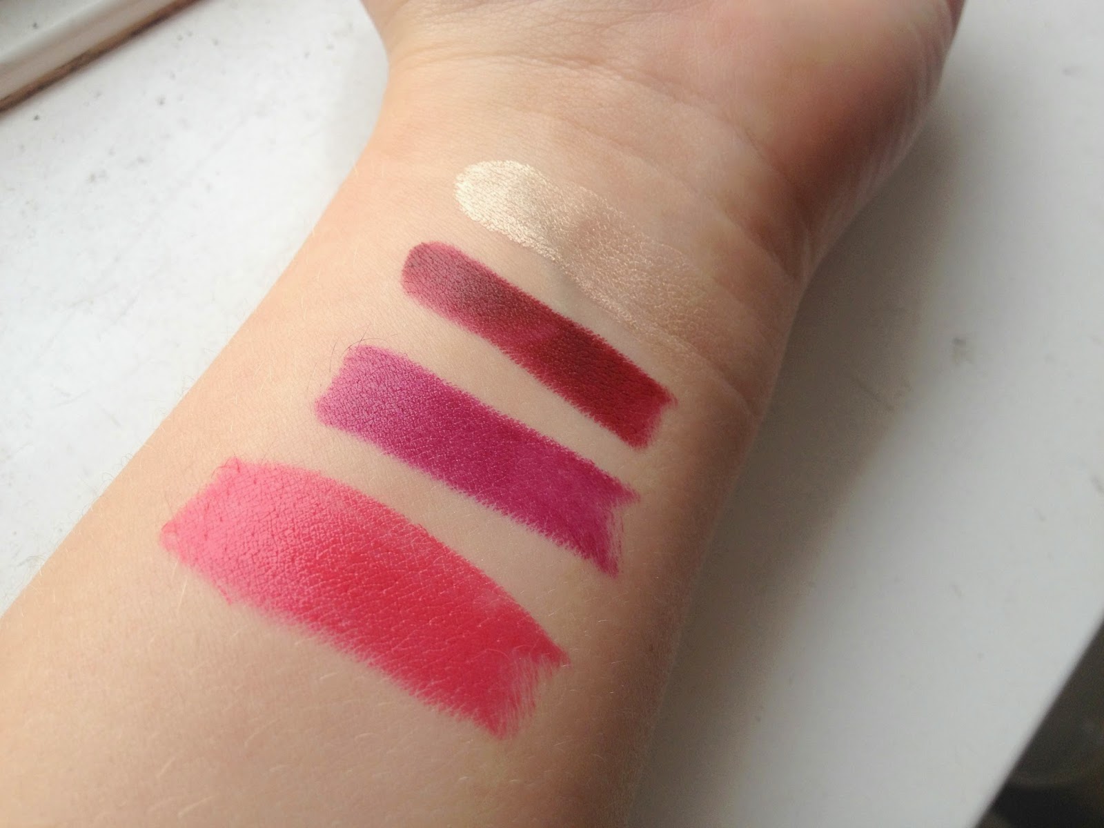 MAC Collection, MAC Lipsticks in Impassioned, Rebel and Diva, MAC Paintpot in Bare Study Swatches