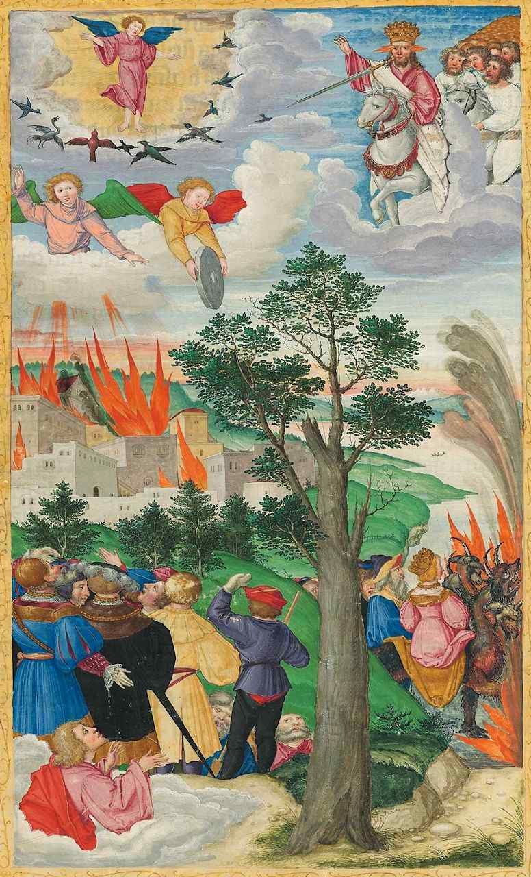 Segunda vinda de Cristo em pompa e majestade. Ottheinrich-Bibel, Bayerische Staatsbibliothek.