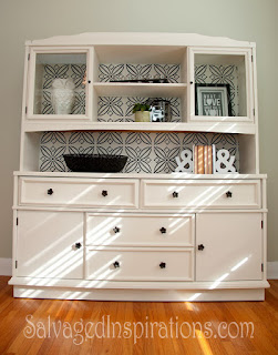 Gorgeous Stenciled Back China Cabinet by Salvaged Inspirations - Featured On Furniture Flippin' - www.FurnitureFlippin.com
