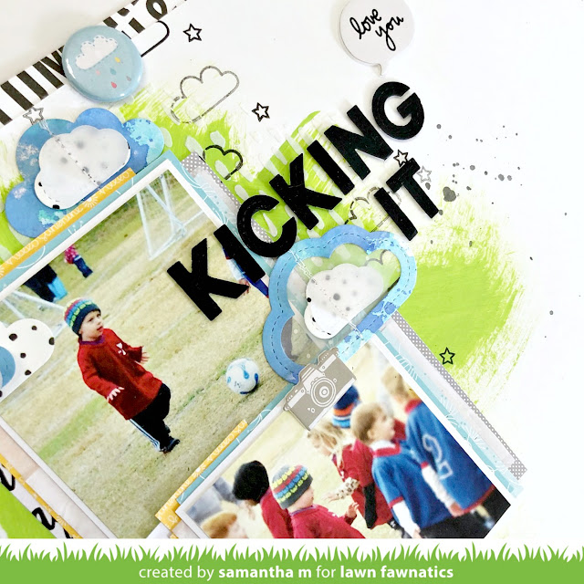 Kicking It! Scrapbook Layout by Samantha Mann, Lawn Fawn, Lawn Fawnatics Challenge, Mixed Media, Clouds, Soccer, Scrapbooking #lawnfawn #lawnfawnatics #scrapbooklayout #layout #scrapbooking #mixedmedia #stamping
