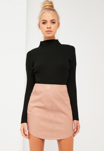 Women's fashion | Turtle neck black shirt with high waisted pastel pink ...