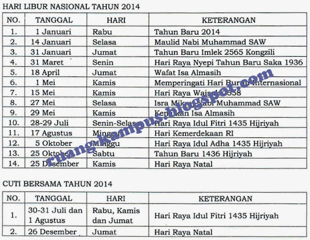 Tabel Keputusan Libur Nasional dan Cuti Bersama 2014