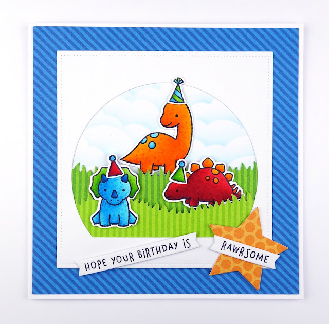 Handmade dinosaur birthday party card, using Rawrsome stamps and dies by Lawn Fawn