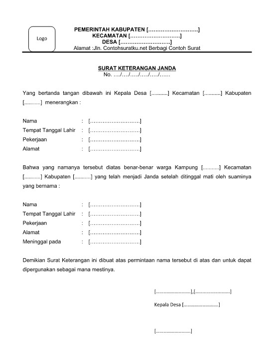 Contoh Surat Keterangan Janda yang Resmi, Baik, Benar dalam Format Word