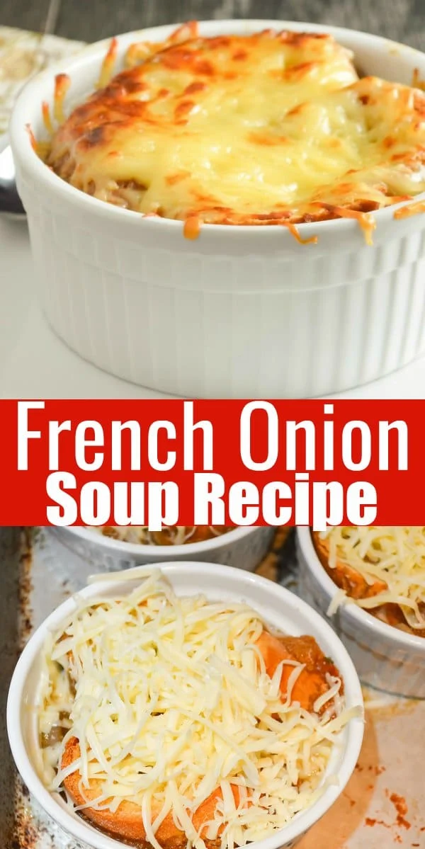 The BEST French Onion Soup in a hearty beef bone broth with red wine and thyme covered with gruyere cheese from Serena Bakes Simply From Scratch.