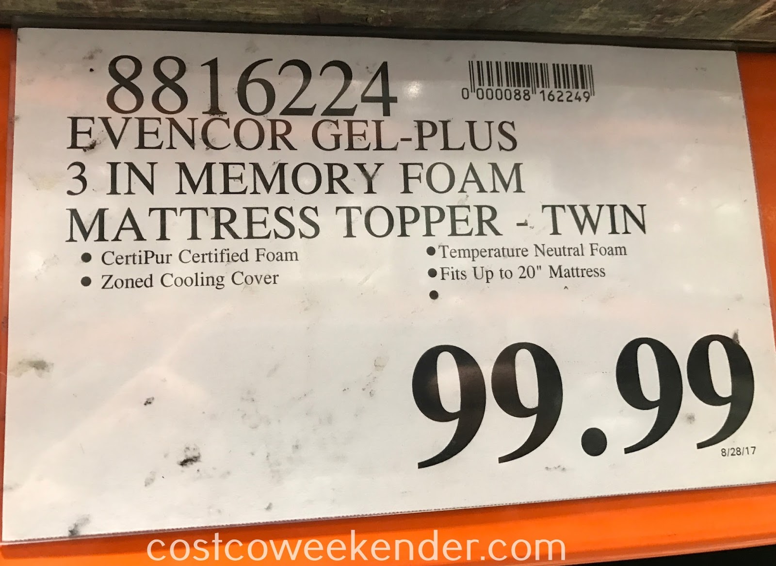 EVENcor GelPlus Memory Foam Mattress Topper (Twin) Costco Weekender
