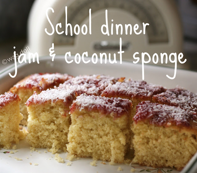 School dinner jam and coconut sponge cake